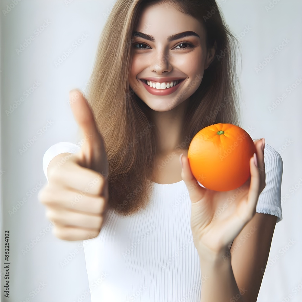 Happy young lady thumbs up with orange on white background
Happy young lady thumbs up with orange on white background