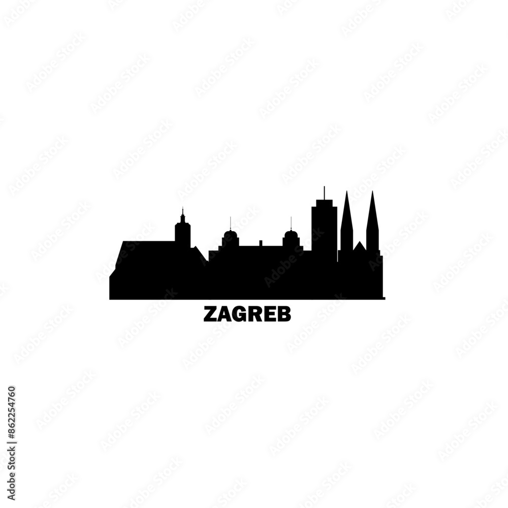Naklejka premium Zagreb skyline, downtown panorama logo, logotype. Croatia capital city black badge contour, isolated vector pictogram with cathedral, monuments, landmarks, skyscrapers, gate