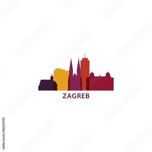Zagreb skyline, downtown panorama logo, logotype. Croatia capital city badge contour, isolated vector pictogram with cathedral, monuments, landmarks, skyscrapers, gate