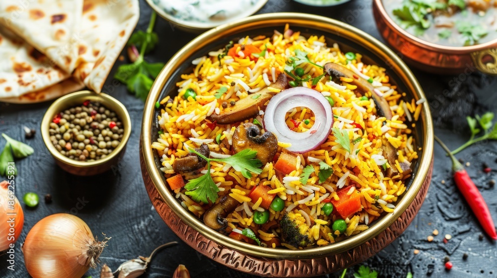 A bowl of yellow rice with onions and mushrooms. Generate AI image A bowl of yellow rice with onions and mushrooms. Generate AI image