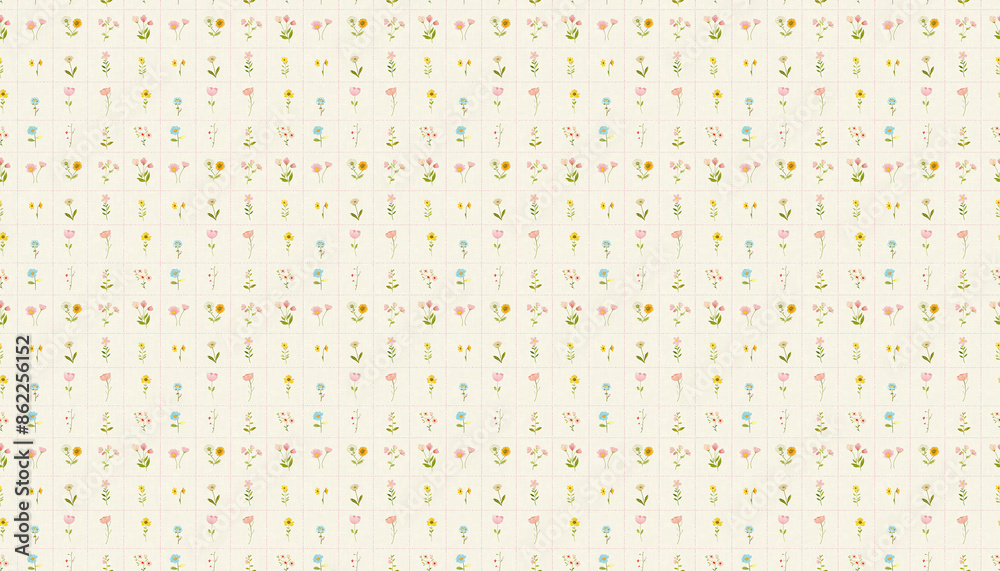 A pattern that features small flowers in grids in pastel colors on cream linen fabric, each grid contains one flower from various varieties, the grid is pink dotted lines A pattern that features small flowers in grids in pastel colors on cream linen fabric, each grid contains one flower from various varieties, the grid is pink dotted lines