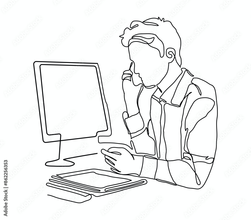 Continuous one line drawing of business man sits in the office and thinks while working with his laptop on a white background, Man Professional Working One Line Illustration. Worker Symbol for Modern Continuous one line drawing of business man sits in the office and thinks while working with his laptop on a white background, Man Professional Working One Line Illustration. Worker Symbol for Modern
