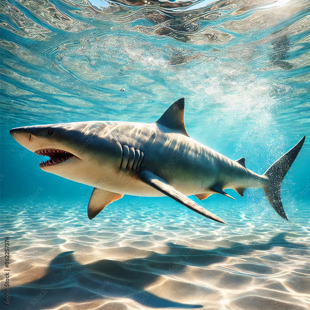 Fototapeta premium 海に佇むサメ[GenerativeAI]