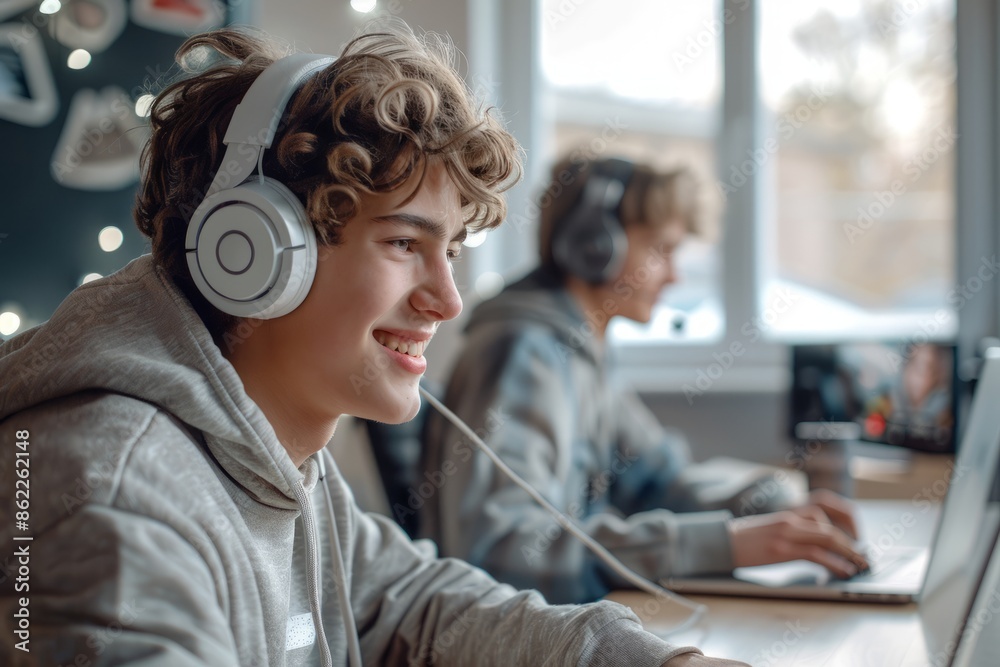 Two teenagers were playing video games on their laptops with excited and surprised expressions on their faces Two teenagers were playing video games on their laptops with excited and surprised expressions on their faces