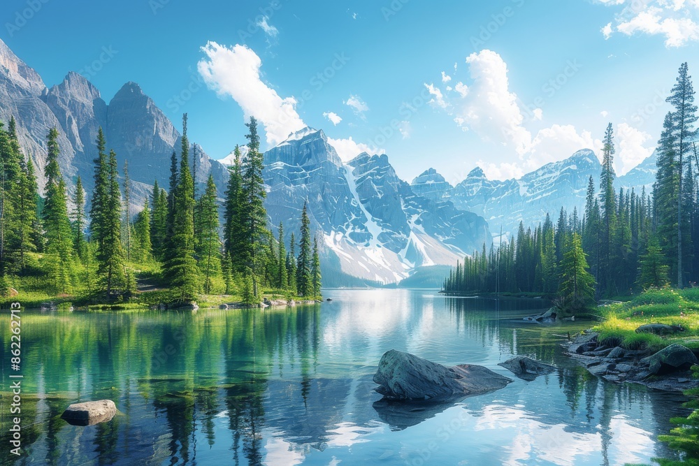 A majestic landscape in Banff National Park, Canada, featuring towering snow-capped peaks, crystal-clear lakes reflecting the surrounding forests, and abundant wildlife amidst lush meadows. A majestic landscape in Banff National Park, Canada, featuring towering snow-capped peaks, crystal-clear lakes reflecting the surrounding forests, and abundant wildlife amidst lush meadows.