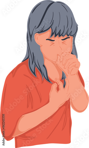 Drawing of the hand of a woman with a chronic cough And chest pain caused by heartburn from acid reflux, allergies, bronchitis and asthma. Vector illustration.