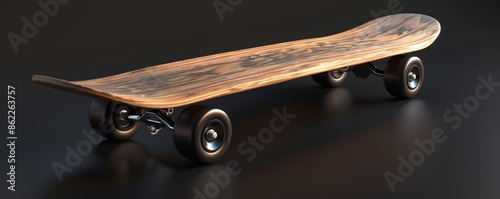 Wooden skateboard with black wheels on dark background, side view. Modern sports equipment concept photo