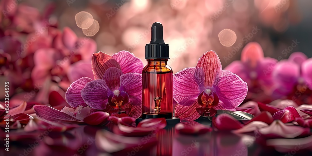 illustration, a bottle of flower extract, with a dropper, surrounded by fresh orchid central composition, soft and natural lighting, details on the bottle and petals, 2:1 illustration, a bottle of flower extract, with a dropper, surrounded by fresh orchid central composition, soft and natural lighting, details on the bottle and petals, 2:1