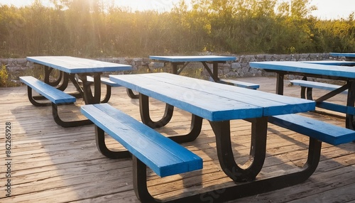 Vibrant Picnic Tables on Pictou Boardwalk photo