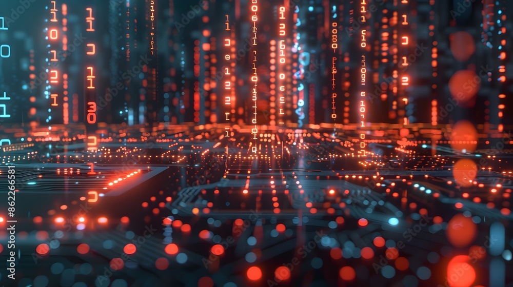 Obraz premium 3D Rendering of Digital Binary Data on Microchip with Glowing Circuit Board Background, Generative AI Technology