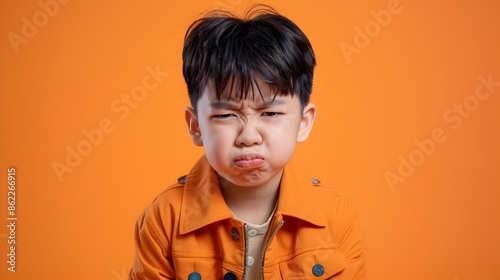 Angry Asian Teen Boy in Modern Neo Pop Inspired Costume on Orange Background photo