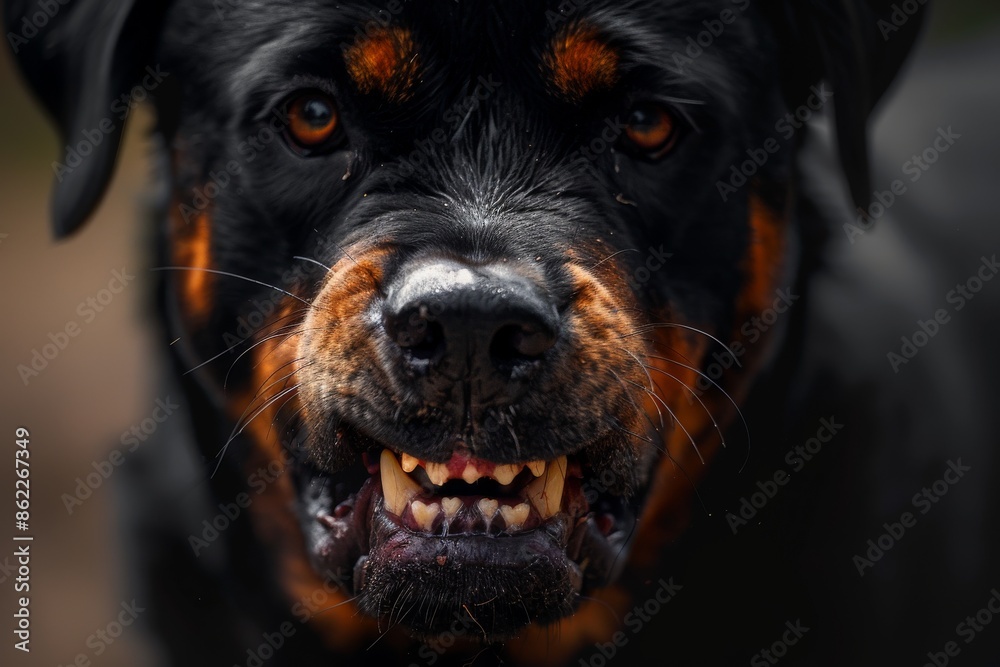 Fototapeta premium An aggressive Rottweiler with a menacing stare, in a powerful stance ready to attack, showcasing its intimidating presence and protective instincts. 