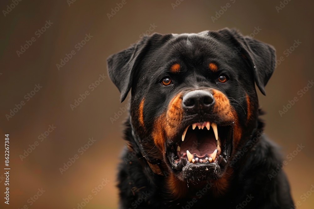 Fototapeta premium An aggressive Rottweiler with a menacing stare, in a powerful stance ready to attack, showcasing its intimidating presence and protective instincts. 