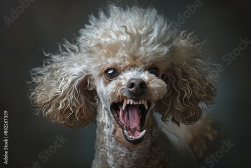 An aggressive Poodle with a fierce look, poised for action, standing assertively and barking fiercely, revealing unexpected intensity and protective behavior.