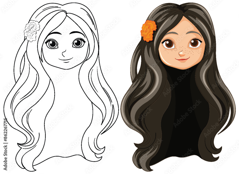 Color and outline versions of a hippie girl Color and outline versions of a hippie girl