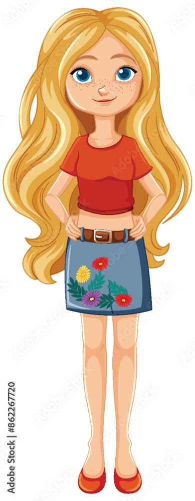 Blonde girl in red top and floral skirt Blonde girl in red top and floral skirt