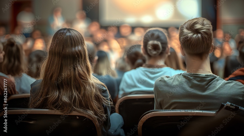 Young people sitting in the audience of an auditorium and listening to presenters during conference Young people sitting in the audience of an auditorium and listening to presenters during conference