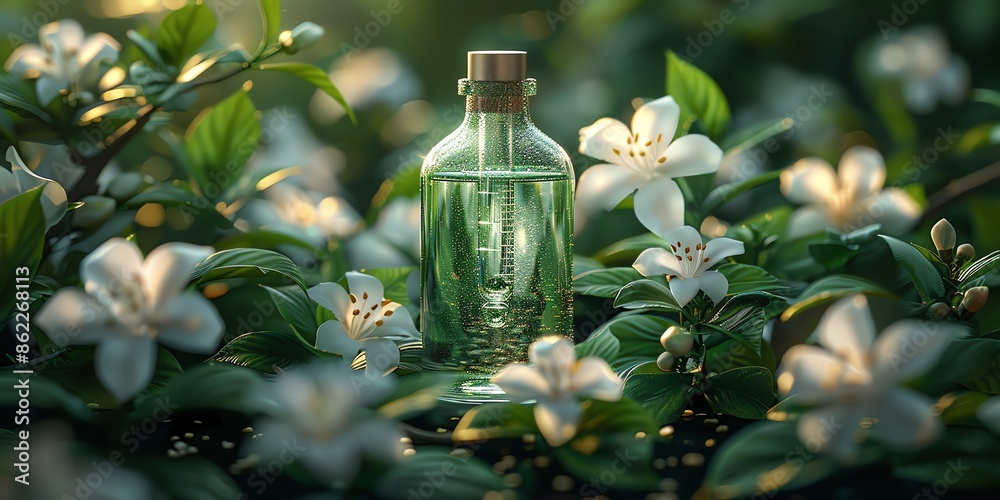 illustration, a bottle of rose extract, with a dropper, surrounded by fresh jasmine, central composition, soft and natural lighting, details on the bottle and petals, 2:1 illustration, a bottle of rose extract, with a dropper, surrounded by fresh jasmine, central composition, soft and natural lighting, details on the bottle and petals, 2:1