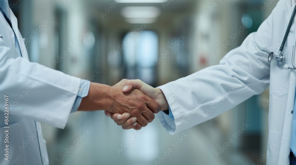 Handshake between two doctors in white lab coats Handshake between two doctors in white lab coats