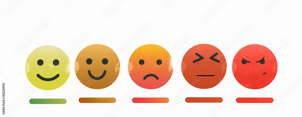 Échelle de satisfaction avec des smileys colorés et barres de progression allant du vert au rouge du bien au mauvais, du content au mécontent Échelle de satisfaction avec des smileys colorés et barres de progression allant du vert au rouge du bien au mauvais, du content au mécontent