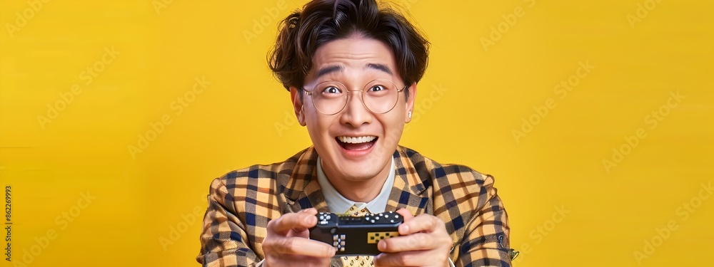 Cheerful Asian Businessman Plays Video Game on Yellow Background Cheerful Asian Businessman Plays Video Game on Yellow Background