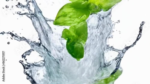 fresh water splash with falling or floating in the air with mint leaves,  