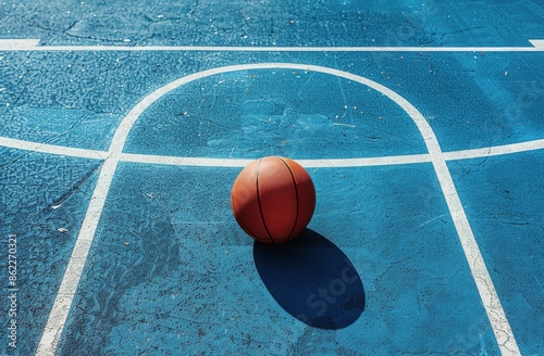 Orange Basketball on Blue Court With White Lines in Daylight