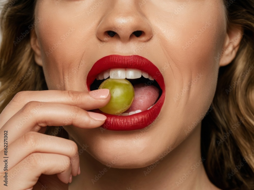A radiant woman savors a crisp green grapes, her smile illuminating her healthy glow A radiant woman savors a crisp green grapes, her smile illuminating her healthy glow