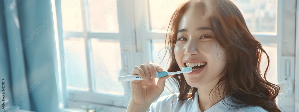 Cheerful young woman brushing teeth in bright bathroom for product advertisement Cheerful young woman brushing teeth in bright bathroom for product advertisement