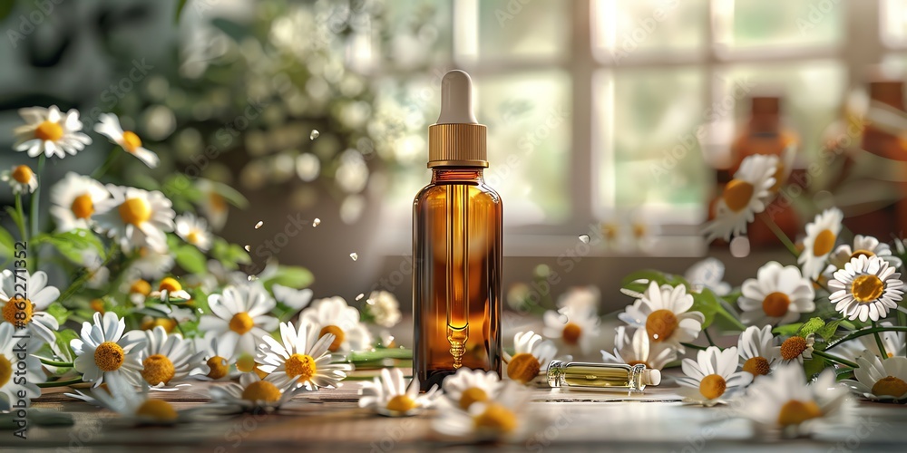 illustration, a bottle of rose extract, with a dropper, surrounded by fresh chamomile, central composition, soft and natural lighting, details on the bottle and petals, 2:1 illustration, a bottle of rose extract, with a dropper, surrounded by fresh chamomile, central composition, soft and natural lighting, details on the bottle and petals, 2:1