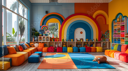 Superbe photo d'une salle de jeux d'école sans enfants avec beaucoup de couleurs