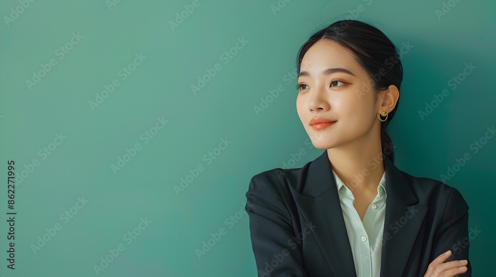 Confident Asian Businesswoman in Modern Style Relaxing on Green Background Confident Asian Businesswoman in Modern Style Relaxing on Green Background