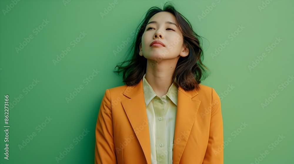 Confident Asian Businesswoman Posing Stylishly in Modern Costume Against Green Background Confident Asian Businesswoman Posing Stylishly in Modern Costume Against Green Background