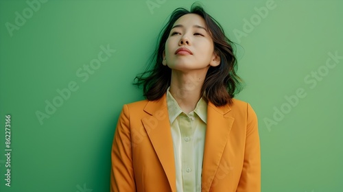 Confident Asian Businesswoman Posing Stylishly in Modern Costume Against Green Background