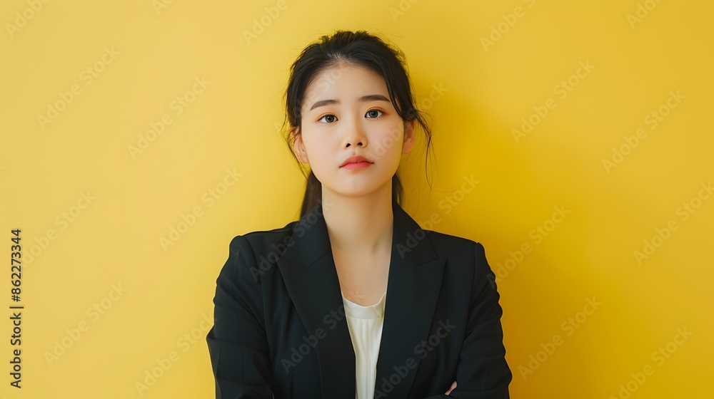 Confident Asian Businesswoman Studying on Vibrant Yellow Background Confident Asian Businesswoman Studying on Vibrant Yellow Background