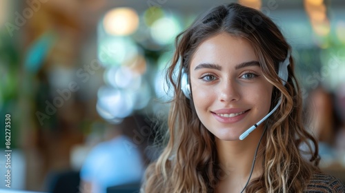 Online Customer Support: Beautiful Woman with Headset Using Laptop to Assist Client in Virtual Meeting © hisilly