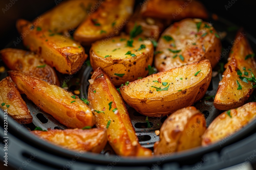 Close-up of golden air-fried fries in a modern air fryer, garnished with fresh herbs for added flavor.
Close-up of golden air-fried fries in a modern air fryer, garnished with fresh herbs for added flavor.