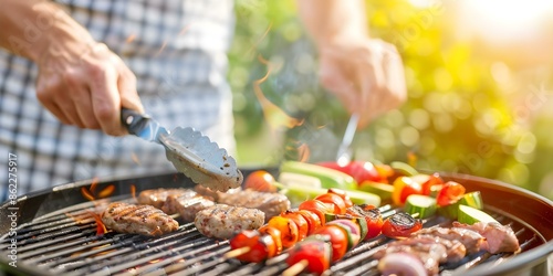 Grilling meat and vegetables outdoors in backyard on a sunny day. Concept Outdoor Cooking, Grilling Tips, BBQ Recipes, Backyard Entertaining, Summer Grilling photo