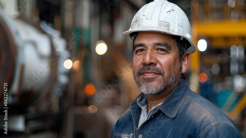 Portrait of Confident Hispanic Male Professional Mechanical Engineer in Safety Hard Hat at Metal Factory © Sunshine
