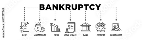 Bankruptcy web banner concept icon set vector illustration contain debt, moratorium, crisis, legal service, bank, creditor and court order.