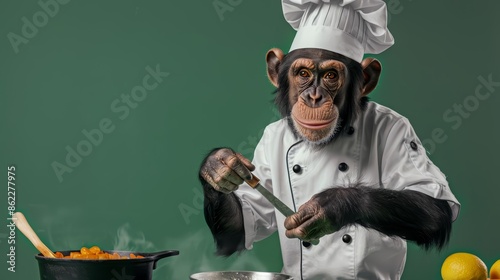 A monkey dressed in a chefs uniform, cooking in an imaginary kitchen, with a green background and copy space photo