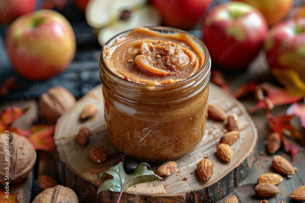 A jar of creamy almond butter surrounded by ripe apples and nuts, ideal for a healthy and satisfying snack.
A jar of creamy almond butter surrounded by ripe apples and nuts, ideal for a healthy and satisfying snack.