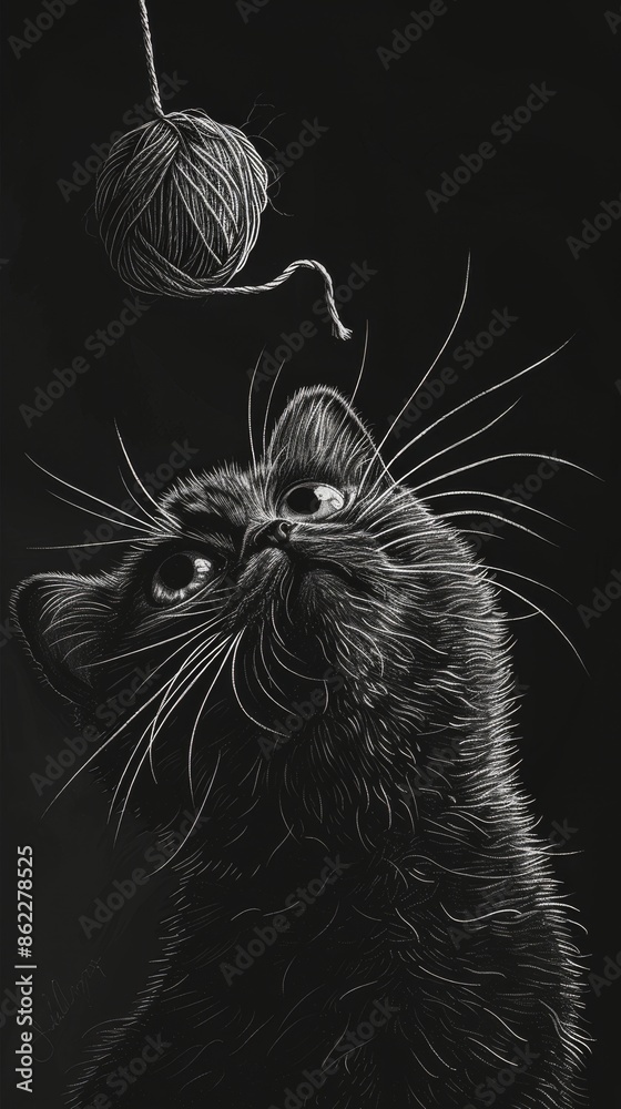 Sketch of a curious cat looking at a ball of yarn on a black background, conceptual art Sketch of a curious cat looking at a ball of yarn on a black background, conceptual art