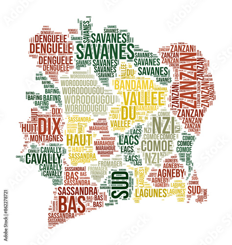 Cote d&#39;Ivoire Word Cloud. Country shape with region division. Cote d&#39;Ivoire typography style image. Region names tag clouds. Vector illustration.