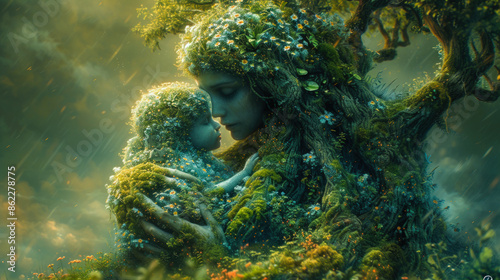 Nature's Embrace: Mother Earth Holding Her Child