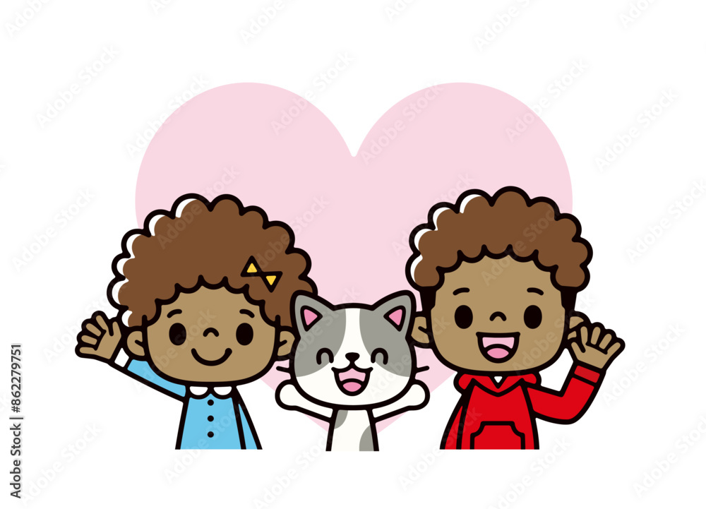 大きなハートの前で笑顔で手を振るアメリカ人の子供たちとペットの猫のイラスト 大きなハートの前で笑顔で手を振るアメリカ人の子供たちとペットの猫のイラスト