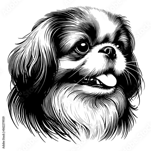 Hand drawn cute Pekignese portrait, vector sketch isolated on white background.	 photo