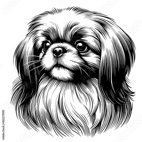 Hand drawn cute Pekignese portrait, vector sketch isolated on white background.	 photo