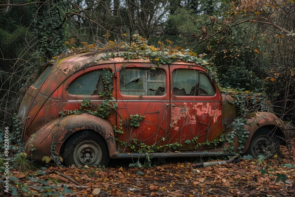 A rustic old car, overgrown with foliage, showcases the beauty of decay and nature's reclaiming power.
A rustic old car, overgrown with foliage, showcases the beauty of decay and nature's reclaiming power.