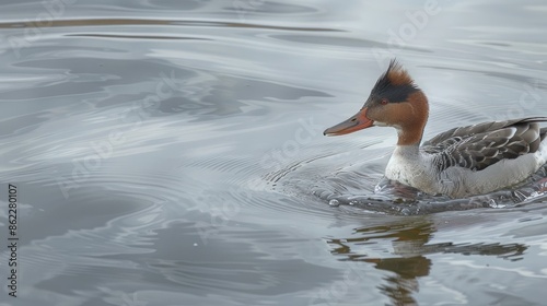 Female goosander swimming in a lake